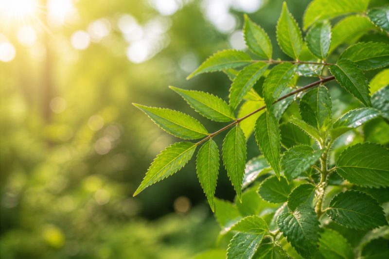 Fresh green leaves of a medicinal plant in sunlight