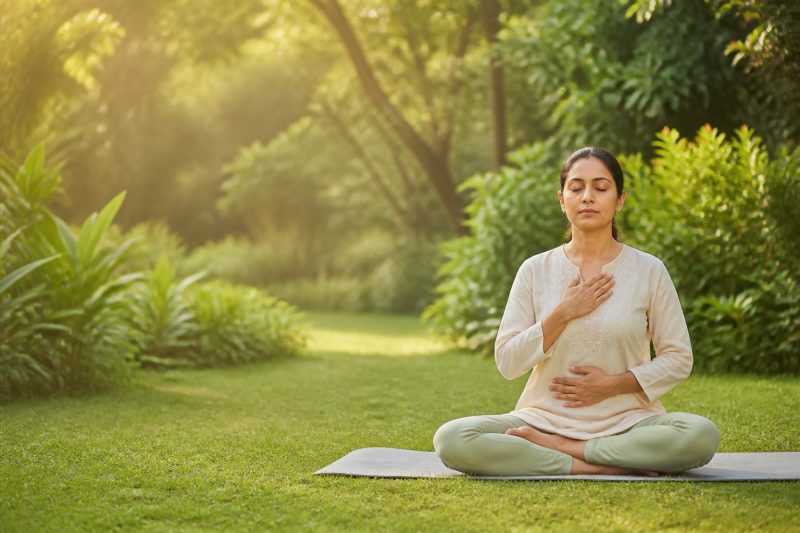 A woman sitting cross-legged on a mat in a garden, practising slow breathing