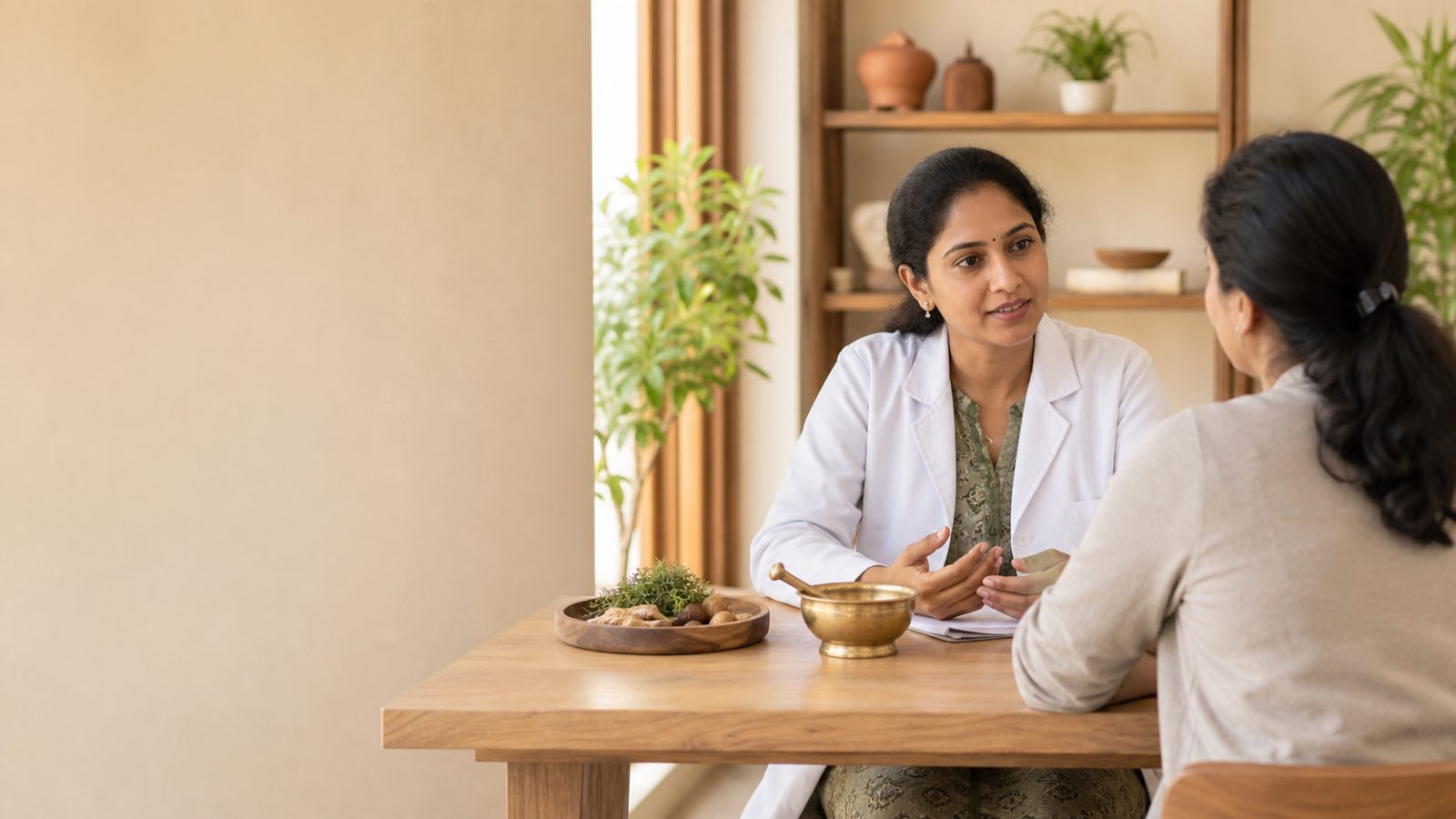 An ayurvedic practitioner talking with a patient