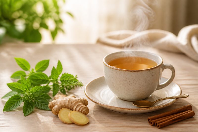 A cup of herbal tea beside loose botanicals