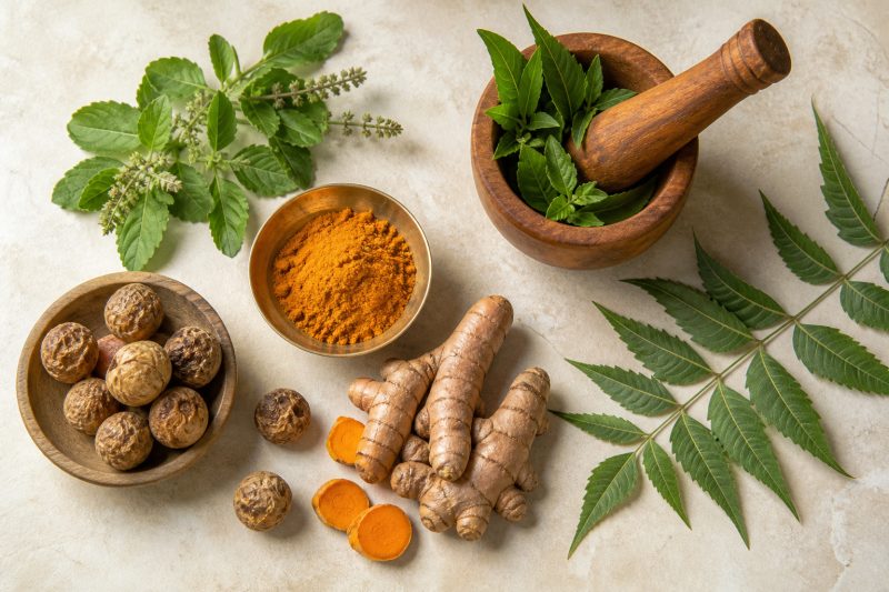 Dried ayurvedic herbs and roots arranged in bowls