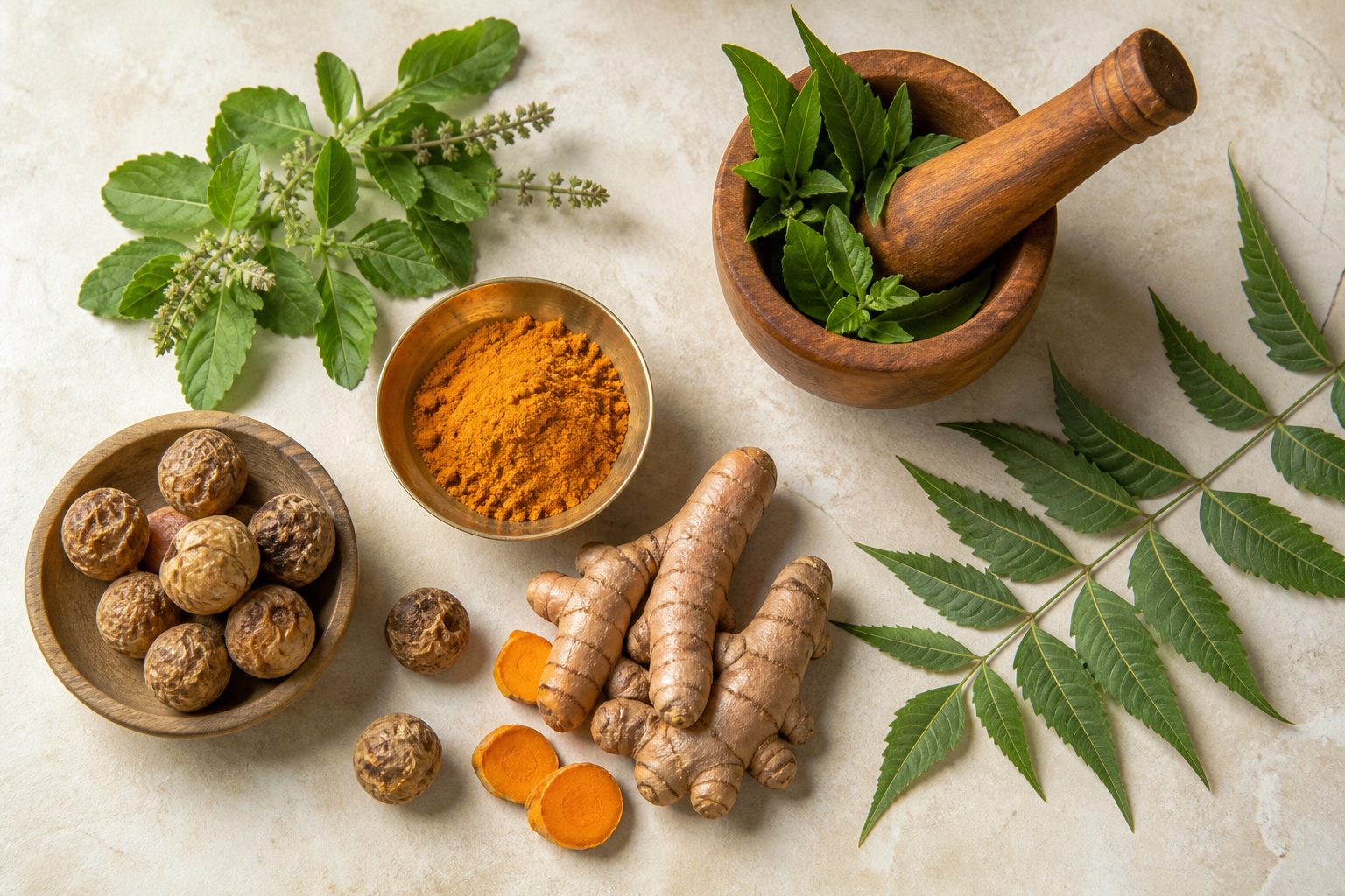 Dried ayurvedic herbs and roots arranged in bowls