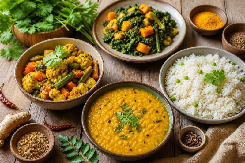 A home-cooked Indian meal of dal, rice, vegetable curries and small bowls of spices