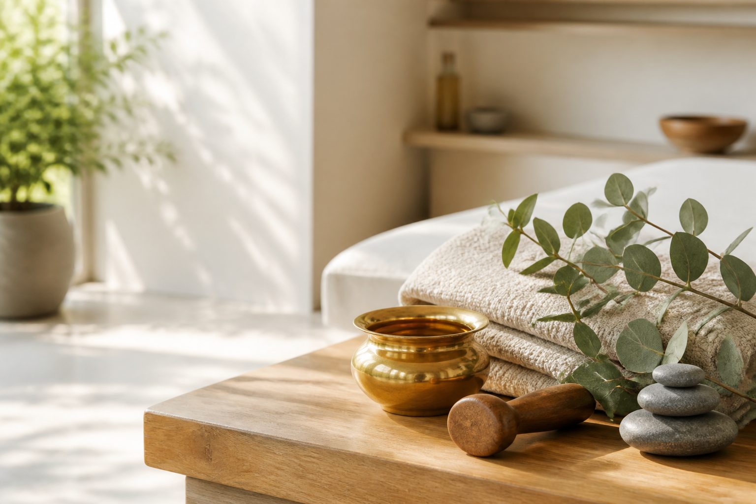 Oils and botanicals laid out for an ayurvedic wellness ritual