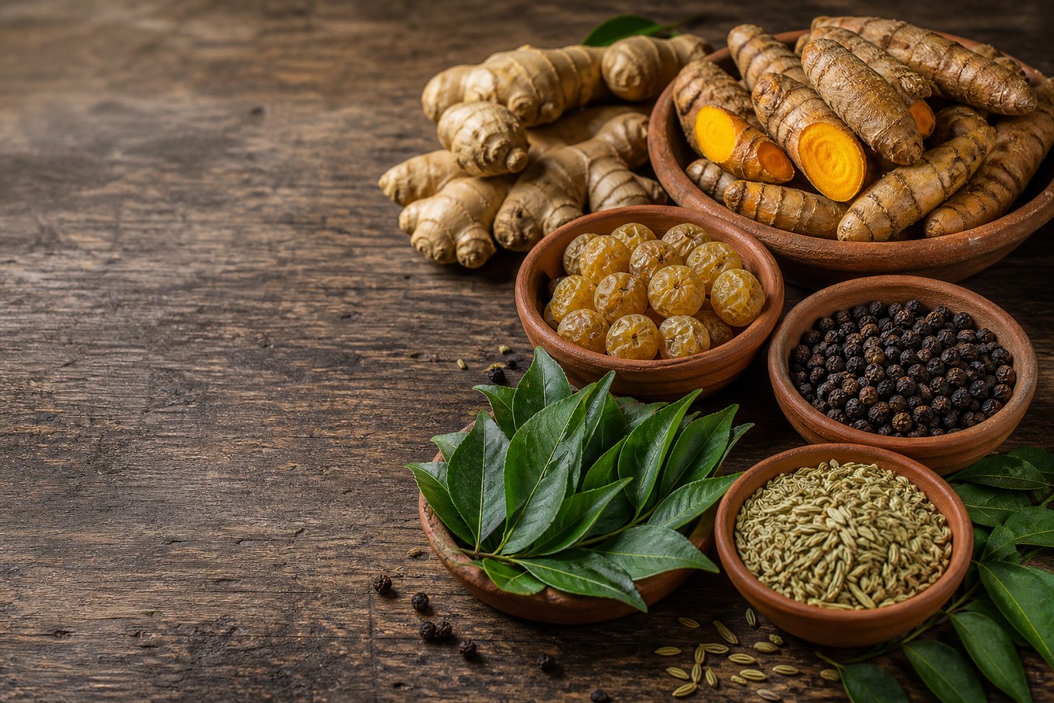 Whole ayurvedic spices and dried botanicals laid out in rows