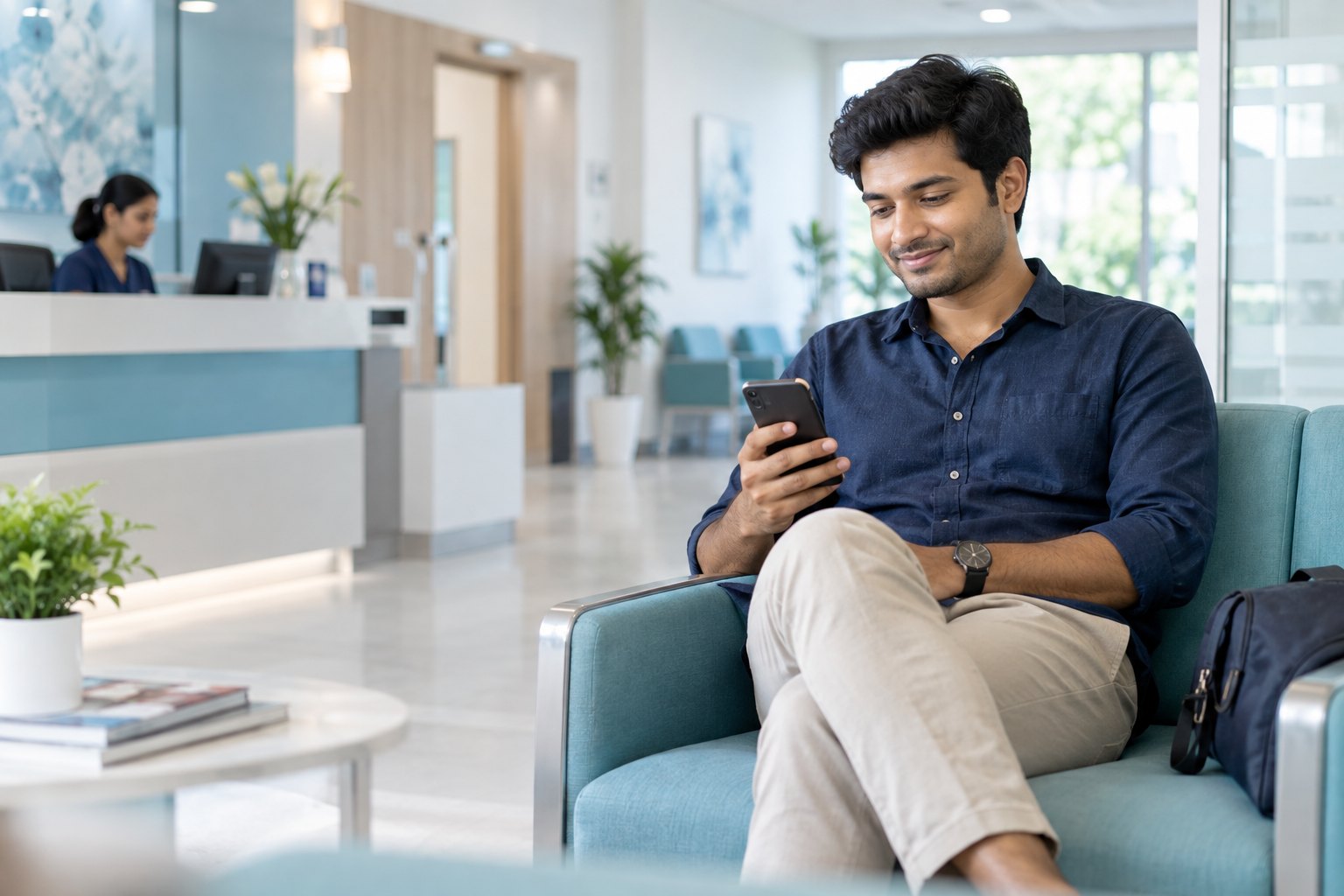 Indian patient checking an appointment while waiting at a clinic