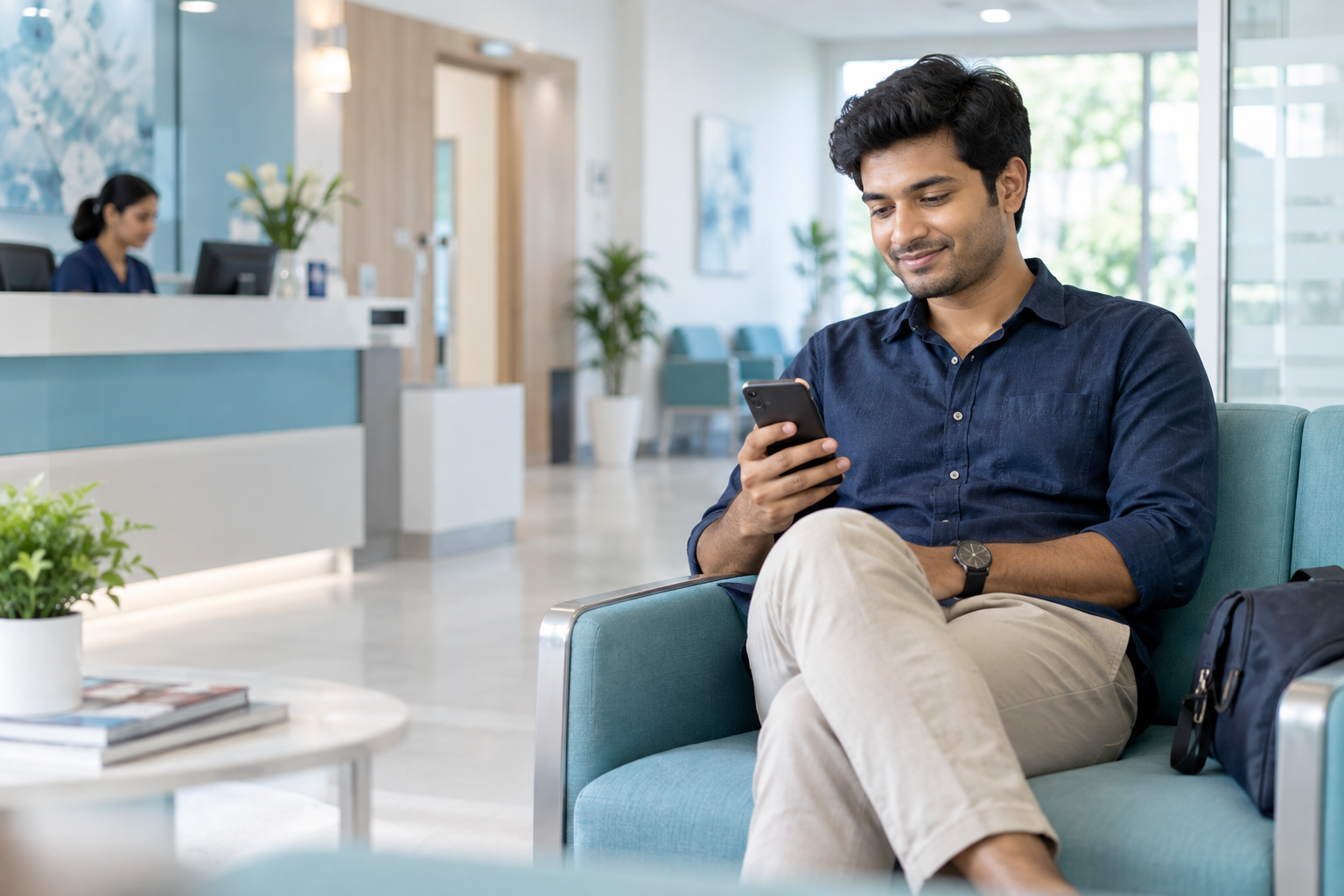 Indian patient checking an appointment while waiting at a clinic