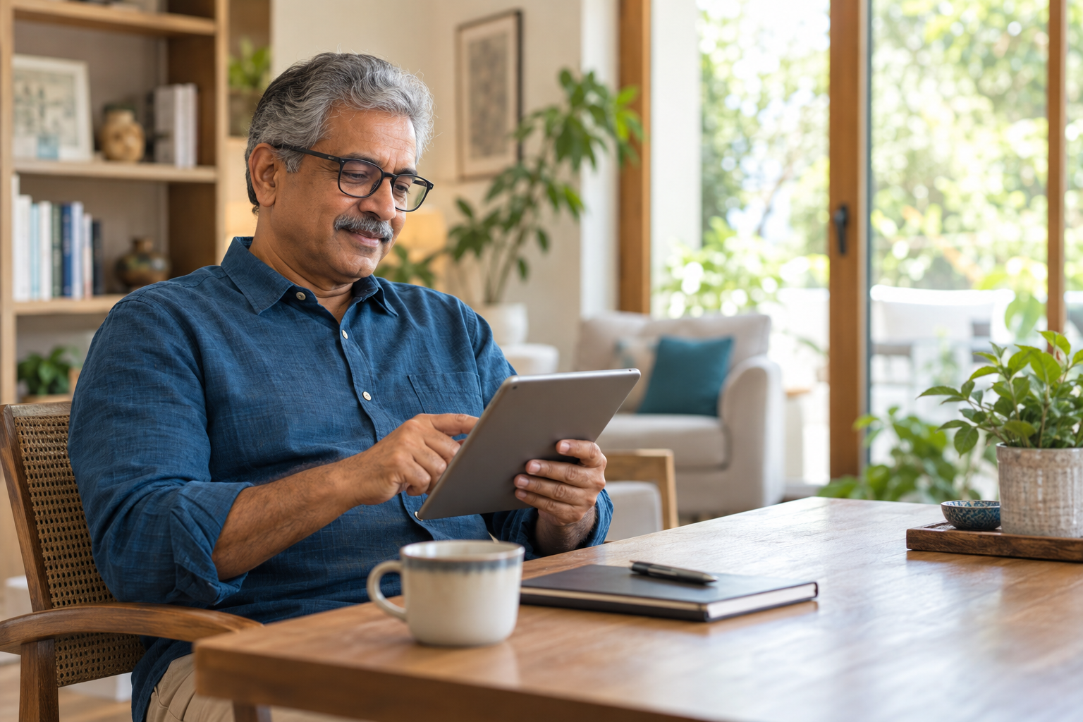Indian man reviewing healthcare options on a tablet