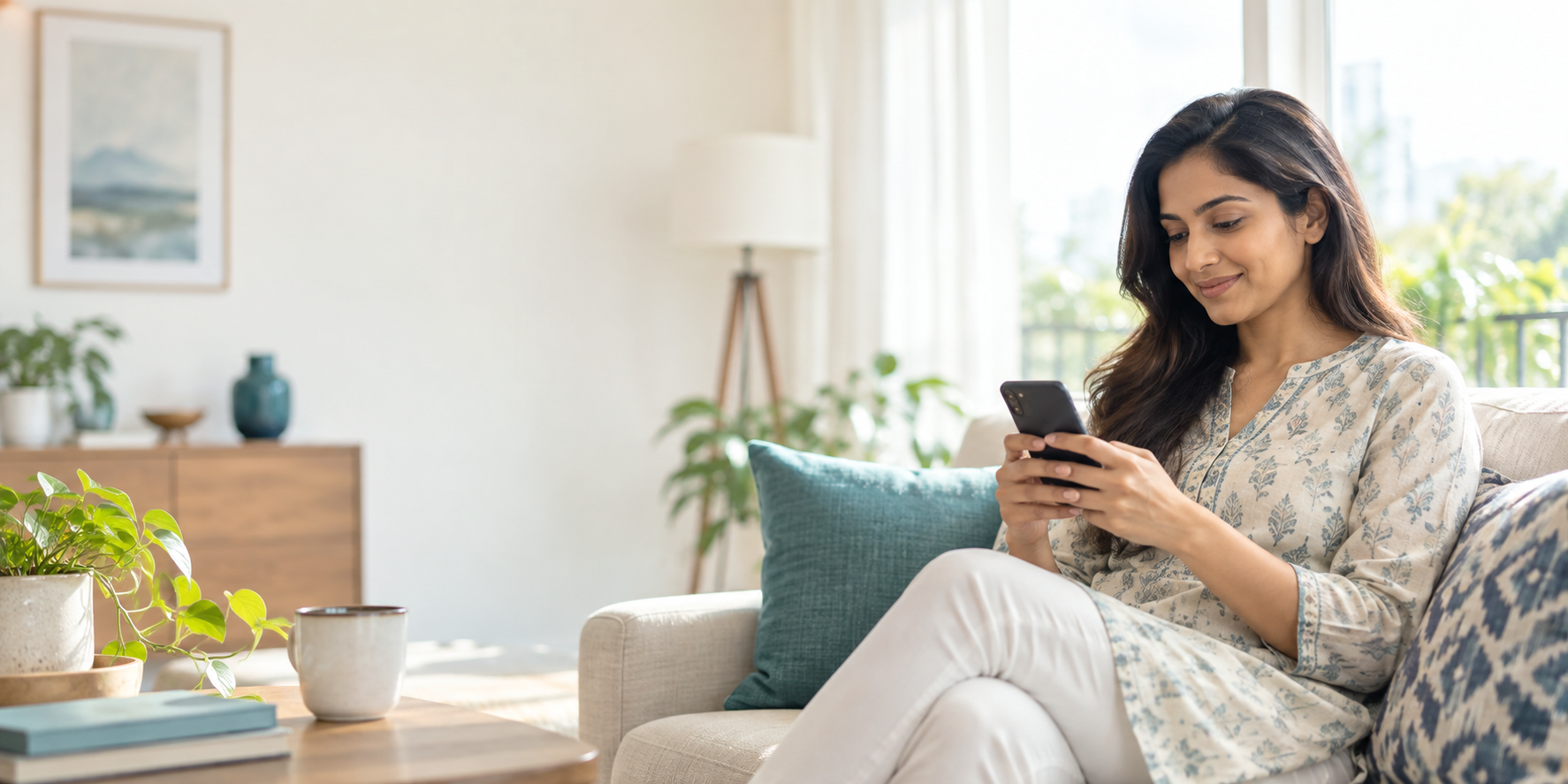 Indian woman using her phone to find healthcare from home