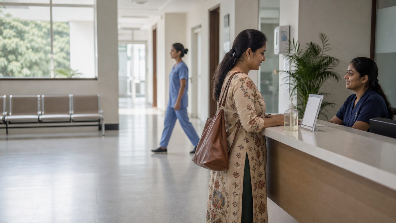 A receptionist helping a visitor at a clinic front desk