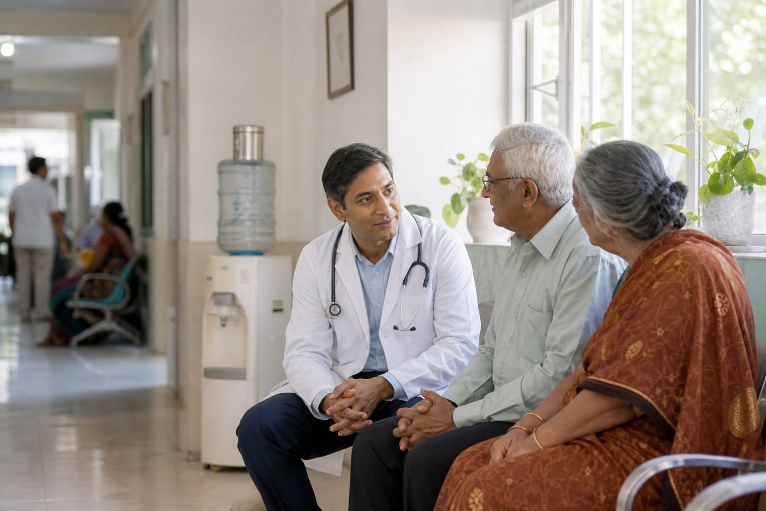 A doctor sitting with an elderly couple in a hospital corridor