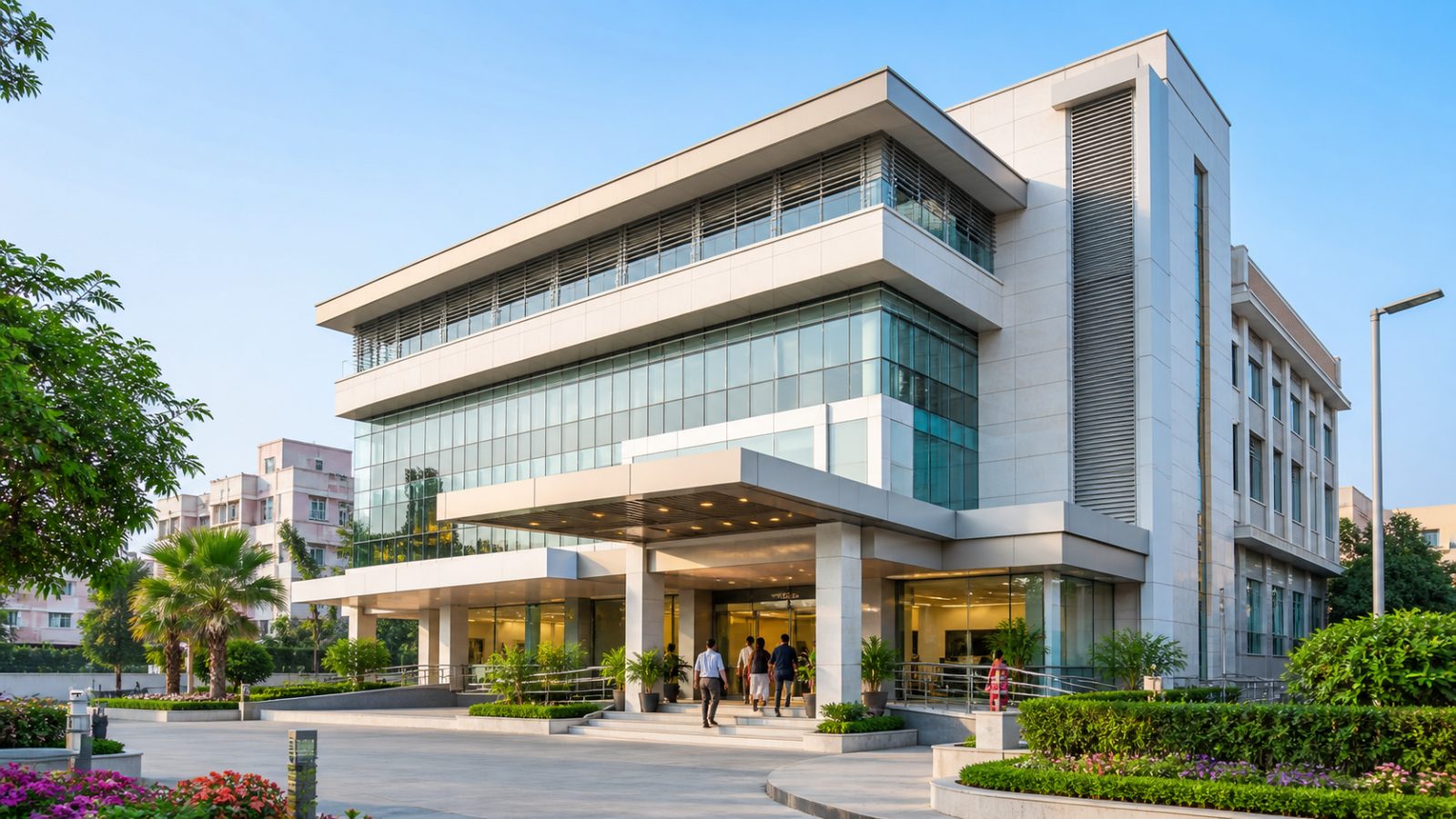 The glass-fronted exterior of a modern multi-storey hospital