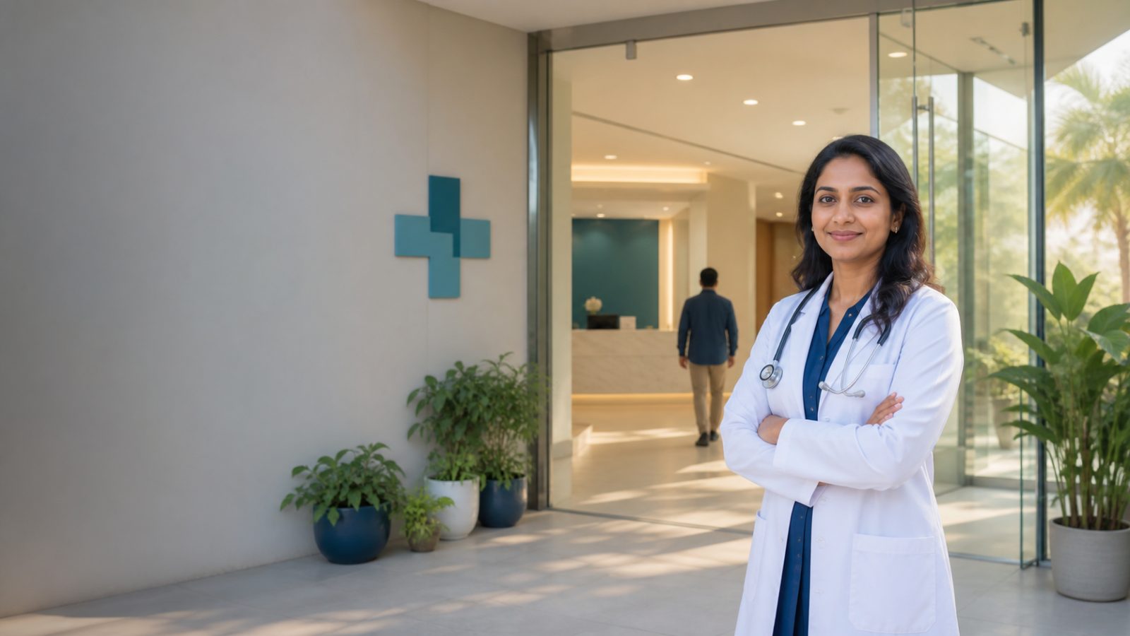 Doctor at the entrance to a modern clinic
