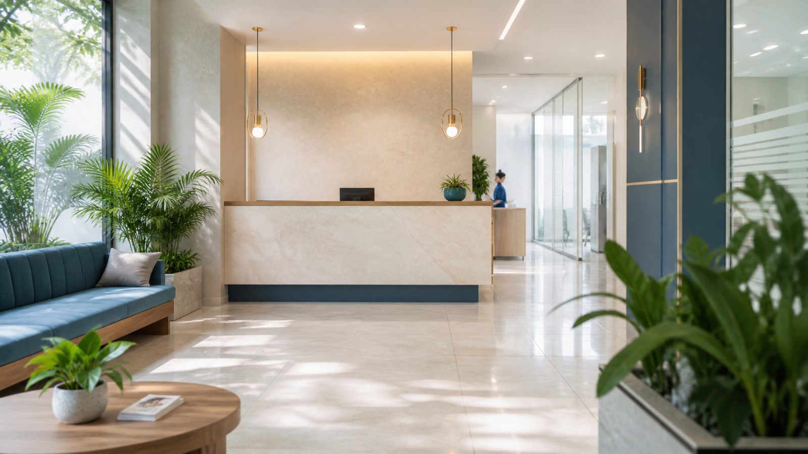 A bright hospital reception area with seating for waiting patients