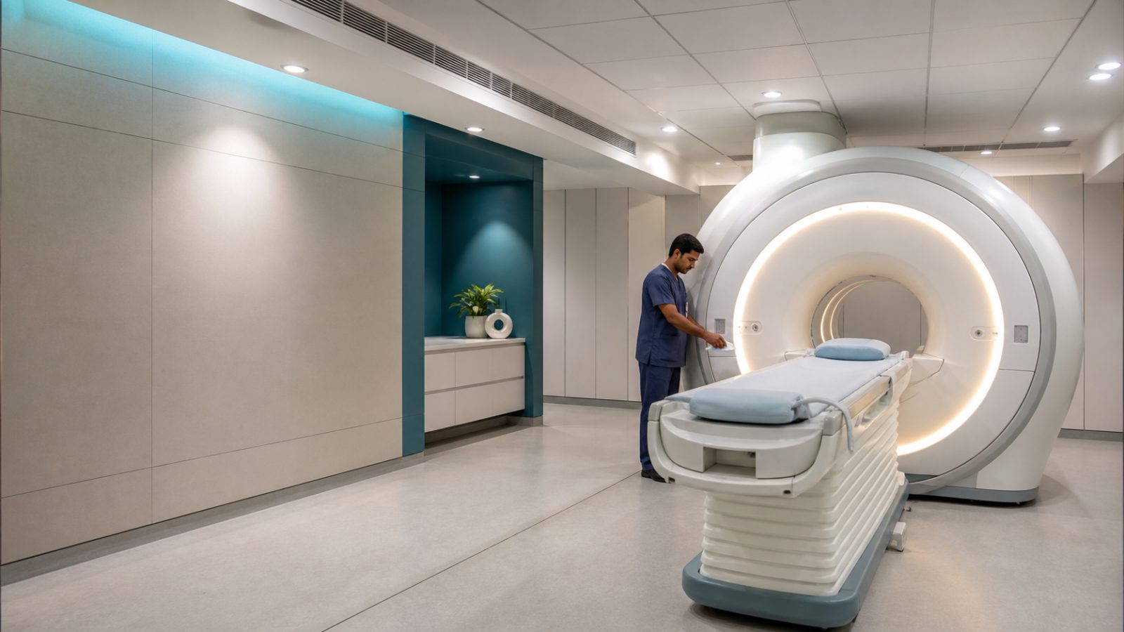 A radiographer preparing an MRI scanner for a scan