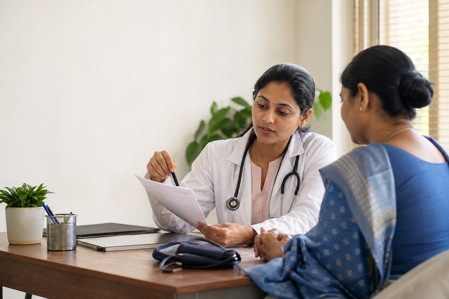 A doctor going through a report with a patient at her desk
