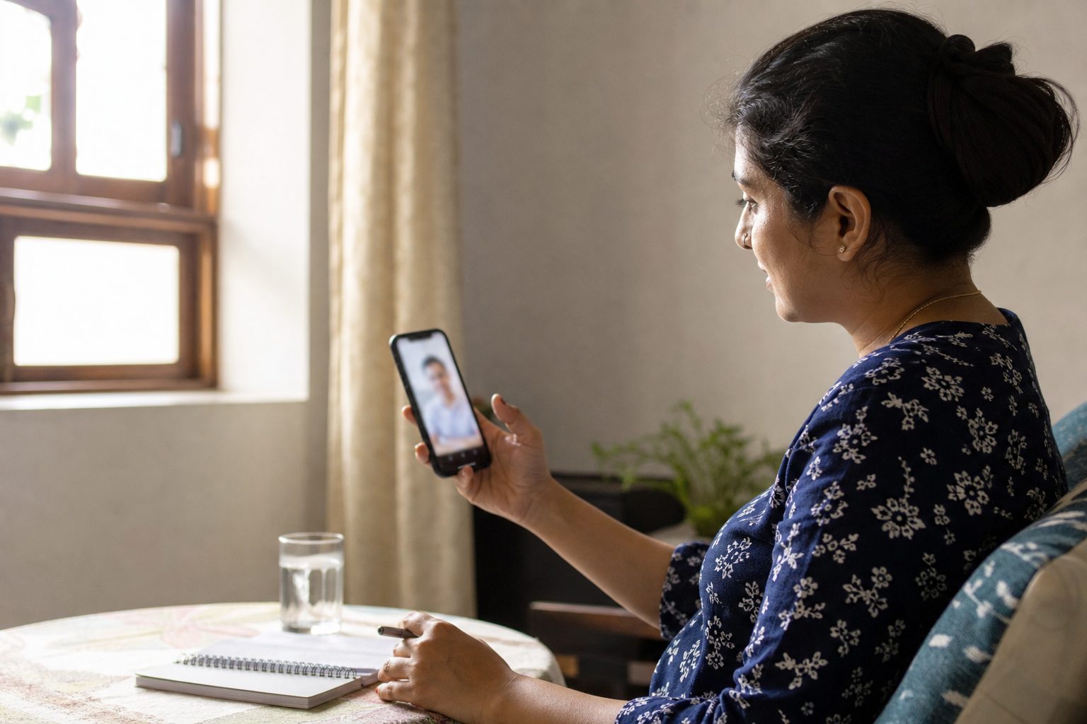 A woman speaking with a doctor by video call on her phone