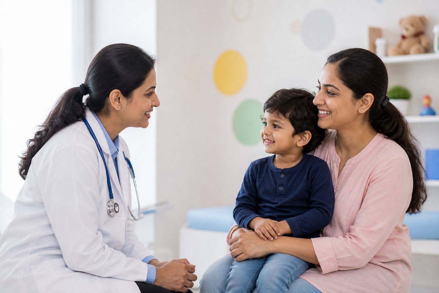 A paediatrician talking with a young child sitting on their mother’s lap