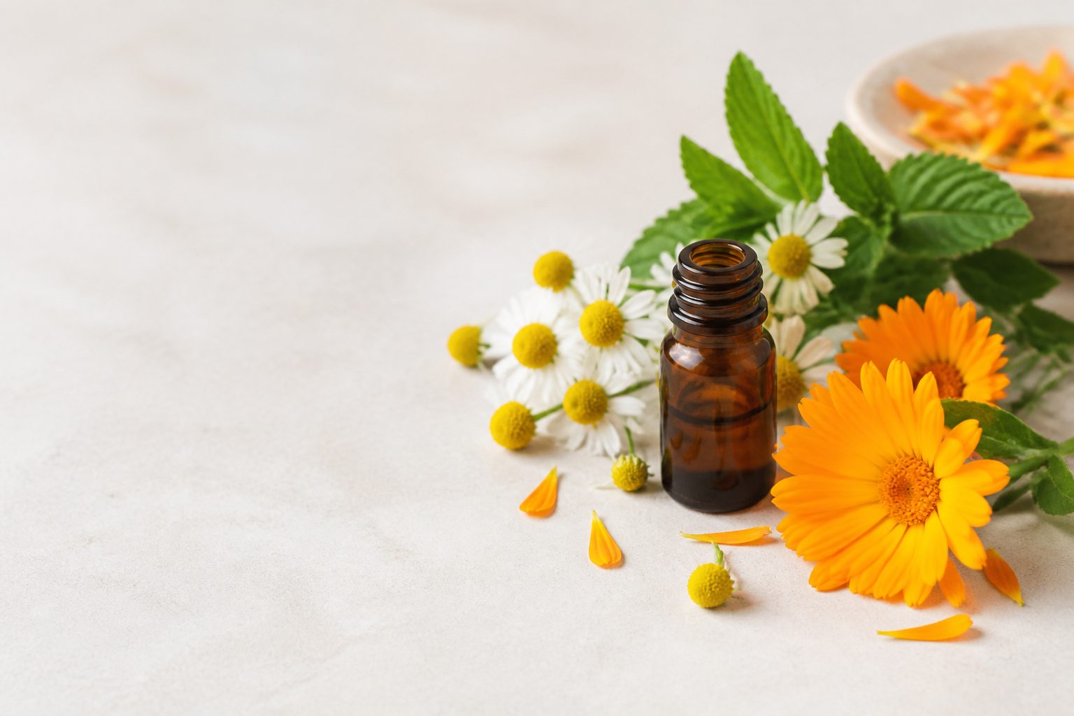 Homeopathic remedy bottles beside fresh botanicals