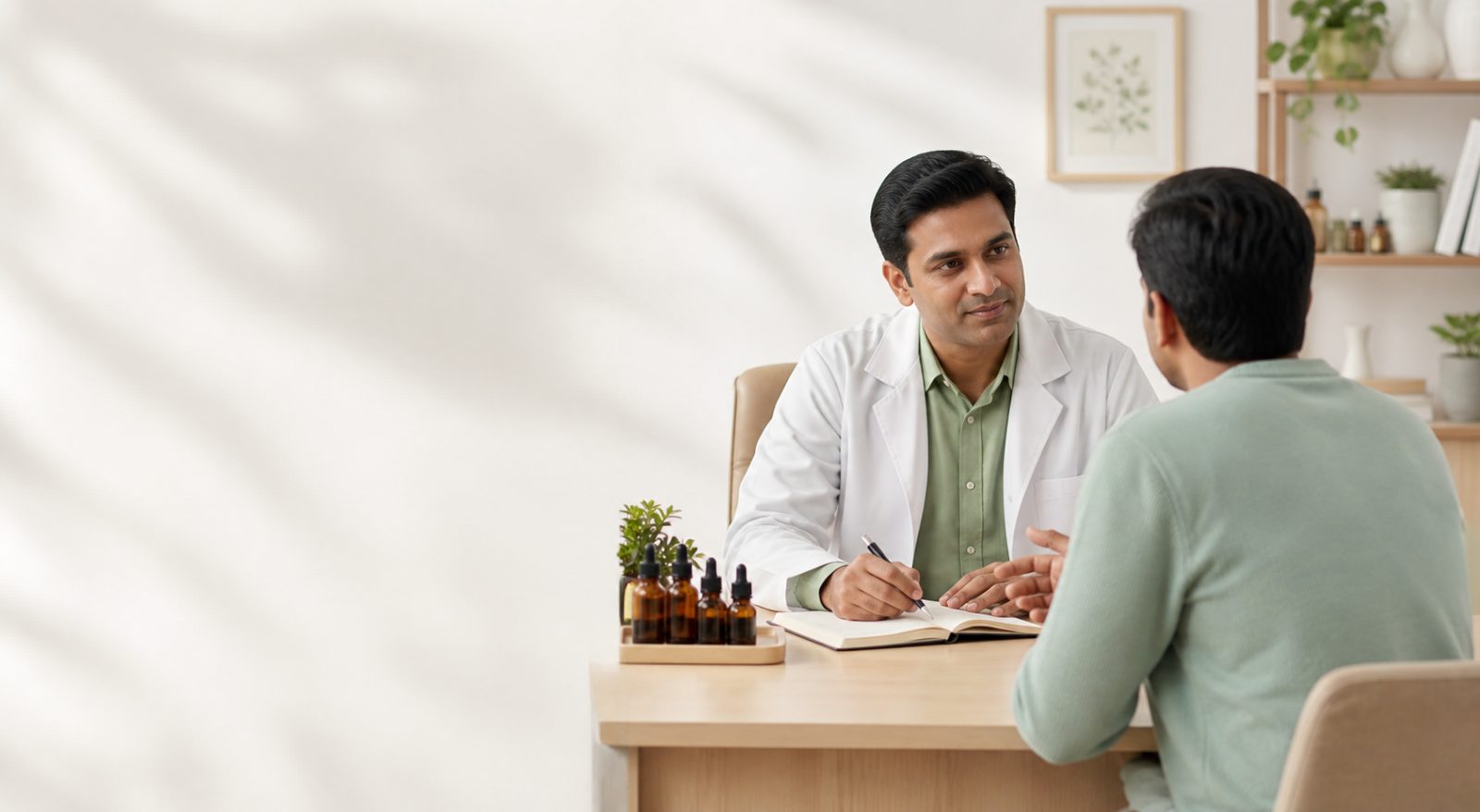A homeopath talking with a patient in a consulting room