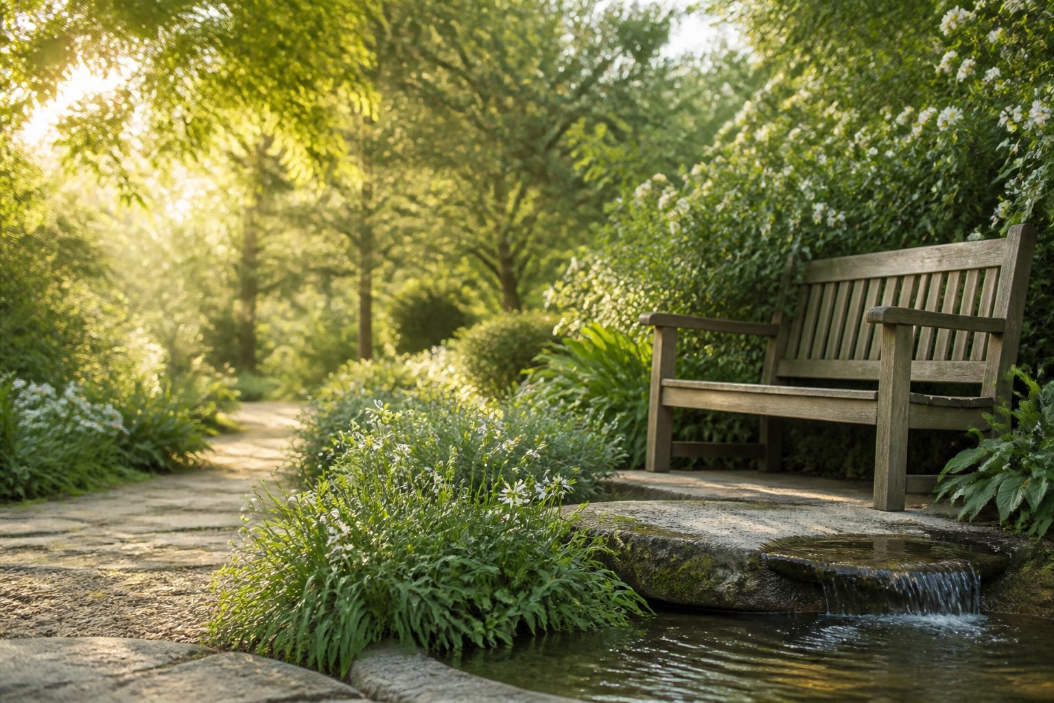 A wooden bench in a sunlit garden