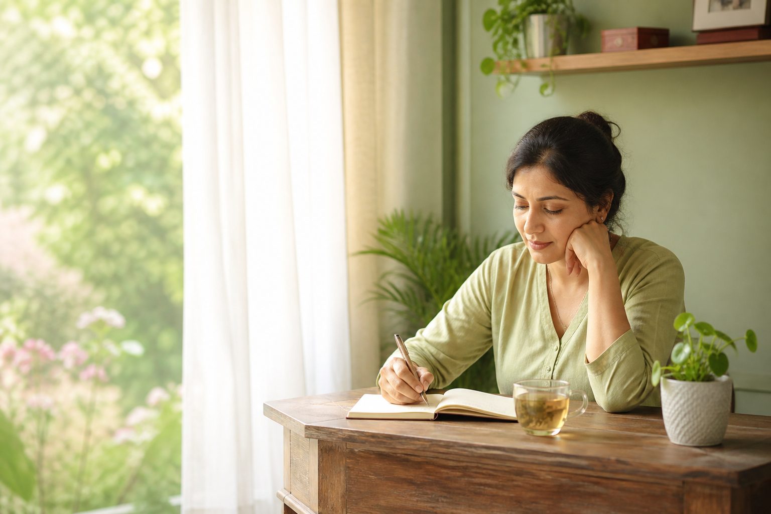 A journal and pen beside a cup of herbal tea